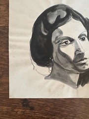 1930s Watercolor Woman Portrait On Paper 9 x 10 Monochrome Blacks Grays