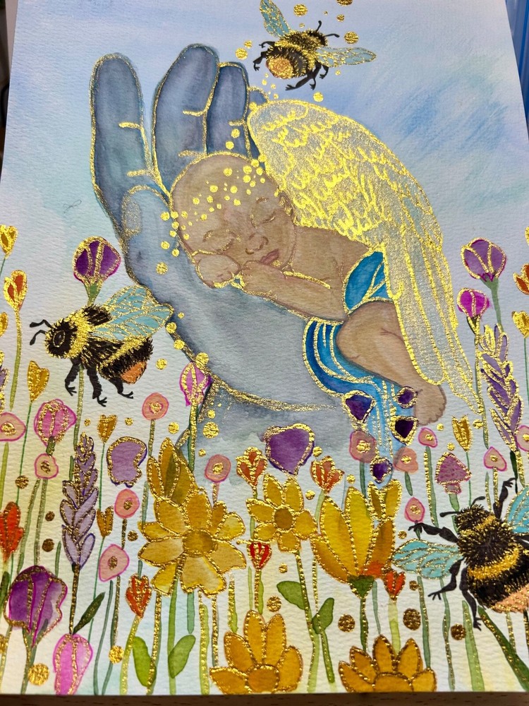 Watercolor Painting Original Memorial Art God’s Hands Floral Bumblebee