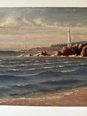 WILLIAM HILLIARD PAINTING ANTIQUE COASTAL LIGHTHOUSE BEACH LANDSCAPE FAMOUS OIL