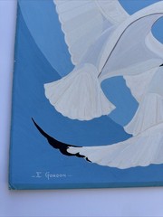 MID CENTURY PAINTING BIRDS MODERNISM CUBISM SIGNED GORDON VINTAGE ILLUSTRATION