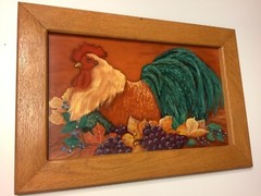 Beautifully Painted Oil/Wood Panel Rooster Oak Frame