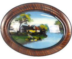 Antique Oval Reverse Painting Bubble Glass Tiger Wood Frame Victorian
