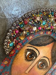 Mixed Media Art, Original Oil Painting w/Stone & Metal Girl Portrait, Framed