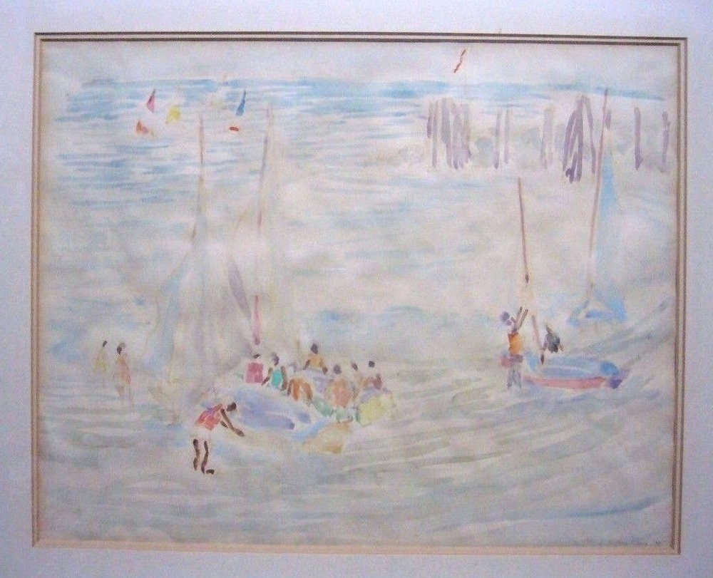 Irene Hoffar Reid (1908-1994) Vancouver Beach Sailing Watercolor 1970 17″ x 13″