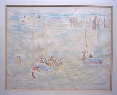 Irene Hoffar Reid (1908-1994) Vancouver Beach Sailing Watercolor 1970 17″ x 13″