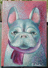 An oil painting of a French Bulldog. The canvas size is 20 x 30 centimeters.