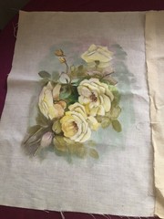 Yellow Pink Hand Painted Roses On Fabric Squares, Victorian Cottage Granny