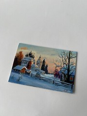 Оriginal oil painting.Winter landscape with a church in the village.Sunset art