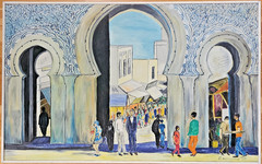 ORIGINAL VINTAGE OIL PAINTING MOROCCAN GATE BAB BOU JELOUD SWEDISH ARTIST 1975.