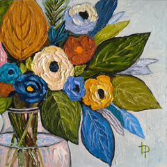 Bohemian Style Colorful Floral Bouquet Handmade Modern Oil Painting 12×12”