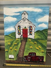 K. June Mabey Folk Art Signed Church & Red Truck Acrylic Painting Original