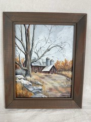 VTG Primitive Original Painting Americana Farm Scene Barn By Connie Law Folk Art
