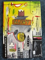 BASQUIAT drawing and painting on old wood signed stamped vintage