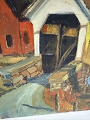 Vintage Original Painting 16”x20” Rural Covered Bridge Oil On Board Signed, ‘63