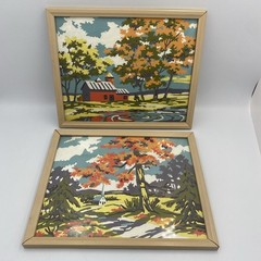 Vtg Paint By Number Framed Landscape Set 2 Red Barn Fall Church Cabin 10×8 MCM