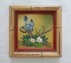 Blue Jay On Branch Painting Signed B.E. Bird Flowers Tier Art Framed 5.25″x5.25”