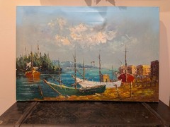 Vintage Impasto Oil Painting Harbor Scene Signed P. Roberts
