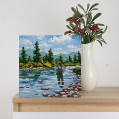 Fly Fishing Oil Painting Original River Mountain Landscape Art Impressionist Art