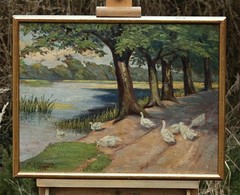 Philipp Jakob Erlanger Signed Oil Painting on Cardboard, 1923 Ducks by the Lake