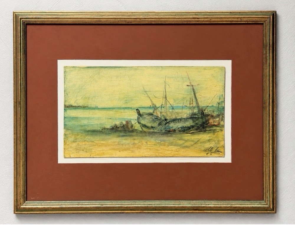 Nilo Lenci Vintage Harbor Scene Painting 1983 Italian Seascape Artwork