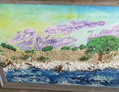 Beach Menagerie, Painting and Collage of a fantastical beachscape 