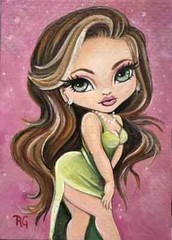 ACEO Original Painting Big Eye Girl Fantasy Cartoon Art Glitter Rhonda Gilbert