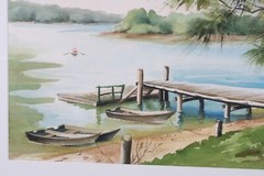 Vintage Lakeside Country Scene Watercolor Painting Signed Michelle Lemay Flesher