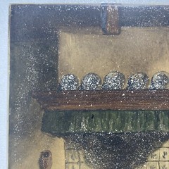 Antique Original Old Oil Painting Porcelain Tile -Family Hearth -Signed, 1868