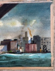 1940s James Vance Painting – Brooklyn Bridge & East River Tugboat, New York City