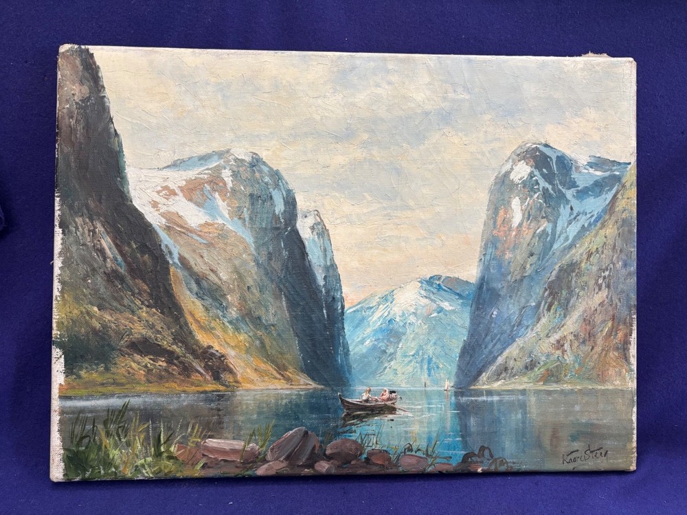 VINTAGE SIGNED KAARE STEEN NORWEGIAN FJORD LANDSCAPE OIL PAINTING ON CANVAS