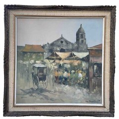 Orig1970CESAR BUENAVENTURA OIL PAINTING 37″FILIPINO IMPRESSIONISM STREET SCENE