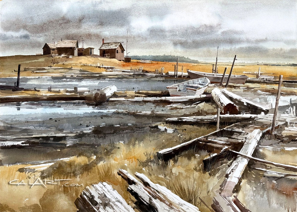 1970s CHALLIS GALLERIES Coastal Harbor Scene Watercolor by Ritchie Benson