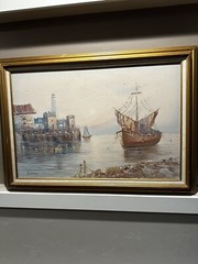 Vintage S Dohanes Harbor Seascape With Ship Oil Painting On Canvas Approx 30×42”