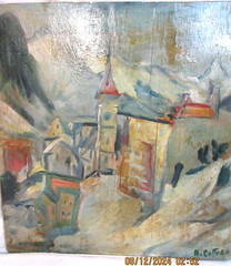 PAINTING OF A CITY ABSTRACT ART~ SIGNED RIGHT CORNER, UNFRAMED~13″ X 12 3/4″