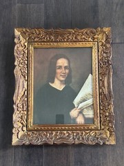 Framed full Colored Collotype Print of Portrait woman reading music note 20”x16″
