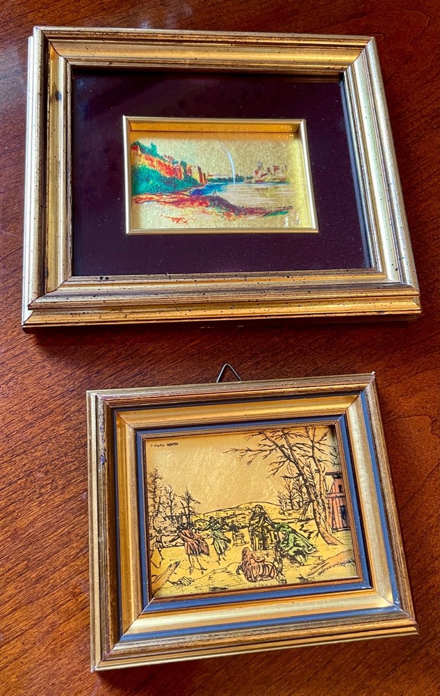 Vintage Miniature Painting Italy Hand Painted Gold Leaf 23k Two Paintings