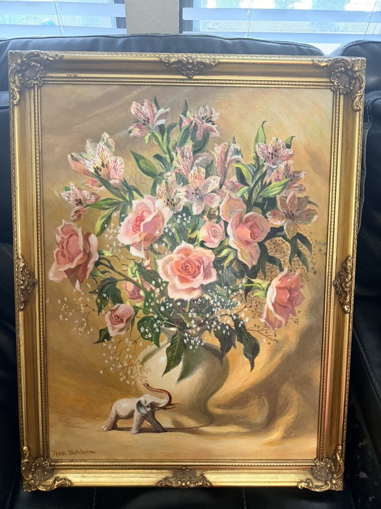 RARE Neal Butcher Original painting Flowers framed 24×18
