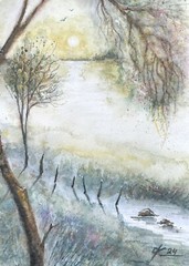 Original painting Landscape morning fog tree shore River Watercolor A4 Lake