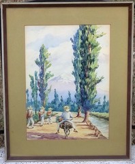 VTG Original MCM Cypress Tree Landscape Men Watercolor 13.75”W 17.25”T Unsigned