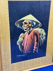 2 Vintage Chinese Oil Paintings on Black Silk, Husband & Wife? 17″ x 13″