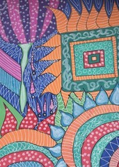Orange Pear Abstract Green Blue Original Art Painting By Artist, Free Shipping