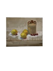 Vintage Oil On Canvas Still Life Jug And Fruits On Table Painting
