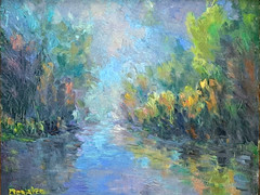Oil Painting Landscape Lake Trees Reflections on Water Frame Original by Donalee