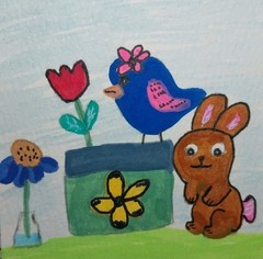 ORIGINAL FOLK ART PAINTING 3×3 MINIATURE BUNNY BIRD FLOWERS COTTAGECORE TINY GAT