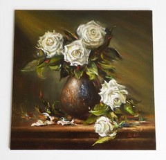 Original Oil Painting Still Life Realism „White Roses“ 12×12″ Signed by Z.Li