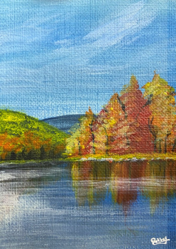 ACEO Acrylic Painting Autumn Lake Reflection Landscape Miniature Art