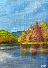 ACEO Acrylic Painting Autumn Lake Reflection Landscape Miniature Art