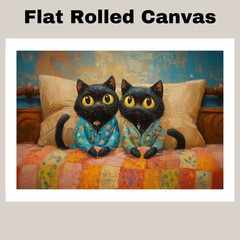 Black Cats in Pajamas on Bed Art Lovers Flat Rolled, Framed or Wrapped Canvas