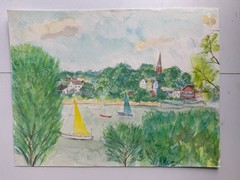 Vintage Watercolor Painting Sailing Boats Harbor Landscape 12 x 16 OOAK