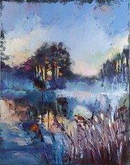 oil painting on panel hand made art with foggy landscape near the river